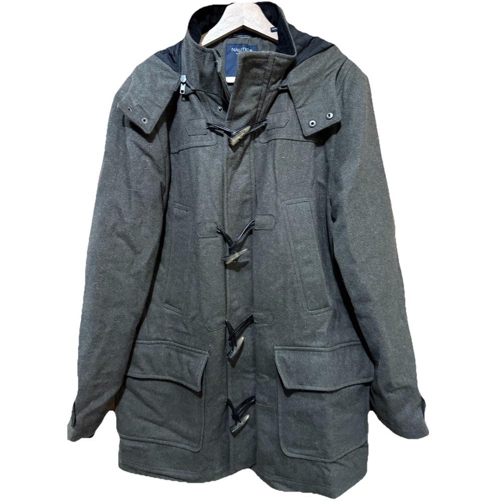 Nautica Green Pea Coat Wool Blend Zip & Toggle Snap w Removable Hood Large EUC